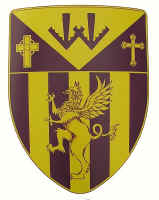 Yellow and purple custom crest on hanging shield