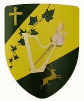 Harp image shield with black and yellow depicting family coats of arms