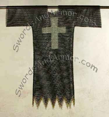 Templar black chainmail shirt with brass detail edges and silver cross