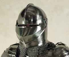 Medieval close helmet with clamshell opeing visor and chainmail aventail