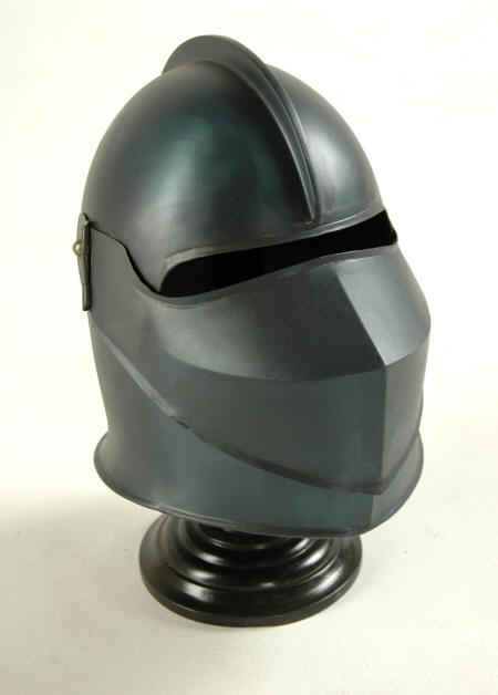 Medieval knight helmet with pivoting visor in blue finish