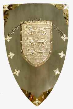 3 Lions polished medieval shield in natural finish with brass accents