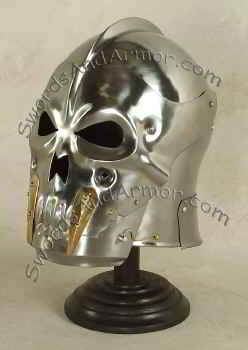 Skull medieval helmet with brass teeth and pivoting visor
