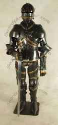 AR399 Black Gothic Suit of Armor in a blue / black finish with brass accents