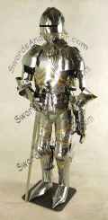 Gothic suit of armor shown with sword and a stand