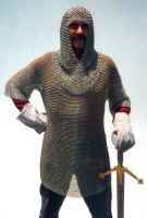 Knight chainmail armor shirt and coif holding sword