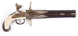 English Double Barrel Engraved Flintlock Pistol