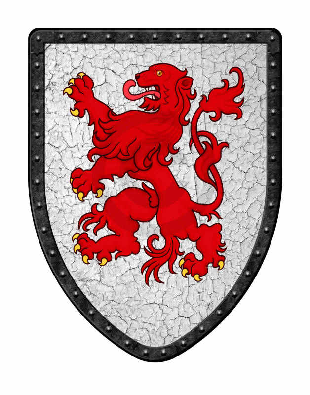 Red rampant lion shield on crackle white background