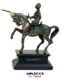 Miniature medieval knight on horseback with sword in pewter finish