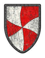 Gyronny Arondi of 6 red and white distressed medieval shield