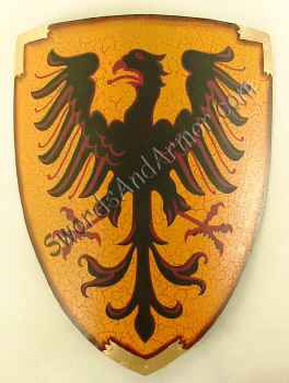 Eagle rising medieval shield in black and red with gold background