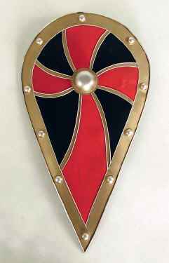 Metal kite shaped shield in black and red swirl