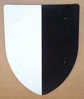 Harlequin medieval battle shield in black and white with leather straps