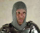 Wearable medieval armor on knight with chain mail hood