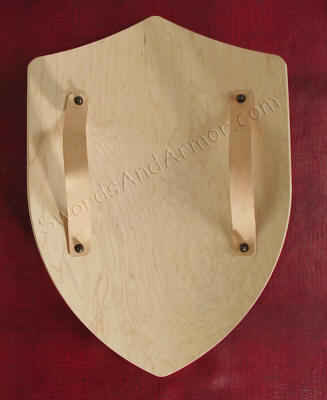 Wooden battle shield with straps back view